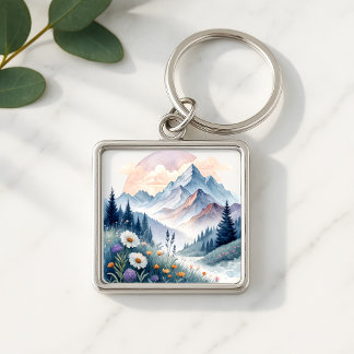 Porte-clés Paysage alpin aquarelle avec Fleur sauvage