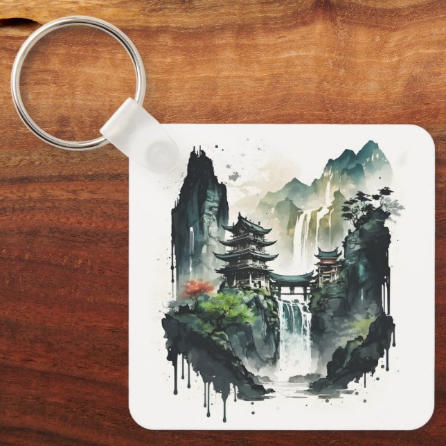 Porte-clés Paysage antique de l'encre chinoise avec cascade (Recto)