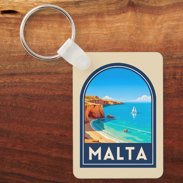 Porte-clés Paysage côtier de Malte, voyage rétro vintage (Recto)