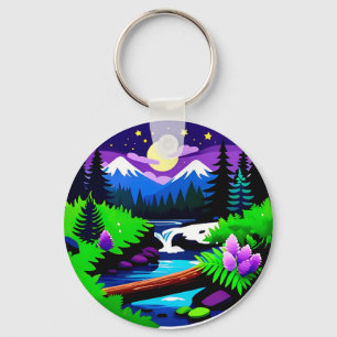 Porte-clés Paysage forestier coloré avec ruisseau éclairé par