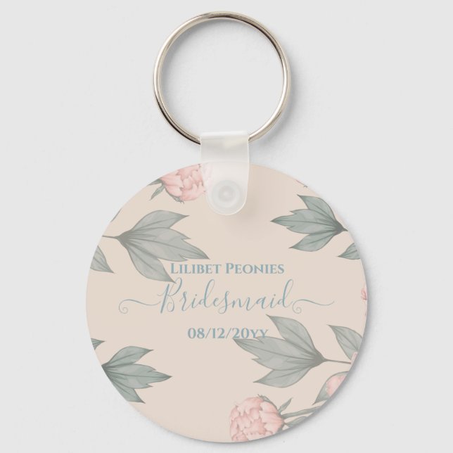 Porte-clés Peach Peonies Sage Floral Budget Mariage (Recto)