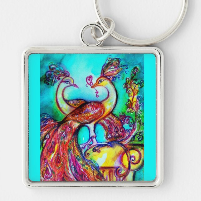 Porte-clés PEACOCKS IN LOVE MONOGRAM rouge bleu turquase vert (Devant)