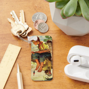 Porte-clés Pêche vintage, garçon avec son chiot et ses vers