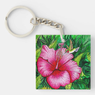 Porte-clés Peinture à l'aquarelle de l'Hibiscus d'colibri