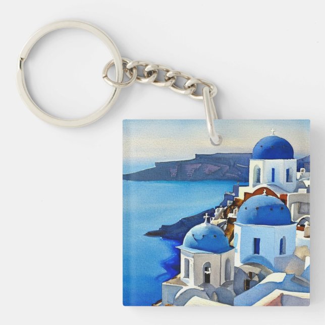 Porte-clés Peinture aquarelle de Santorin Grèce (Devant)