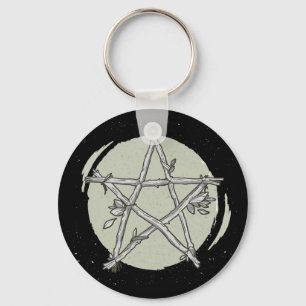 Porte-clés pentacle vert feuillage noir/blanc