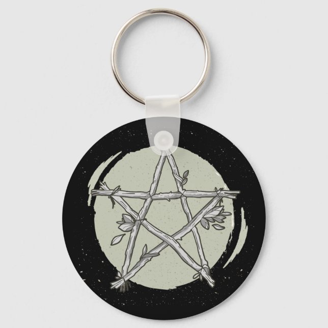 Porte-clés pentacle vert feuillage noir/blanc (Recto)