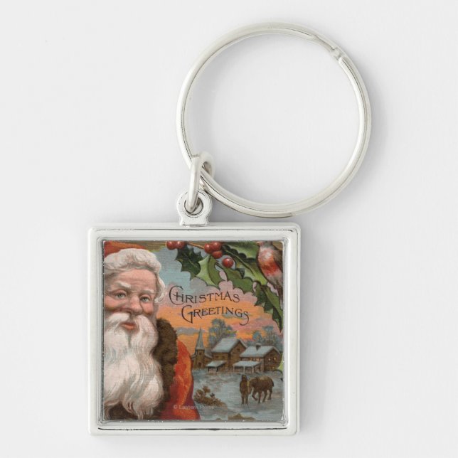 Porte-clés Père Noël avec Holly, scène de village (Devant)