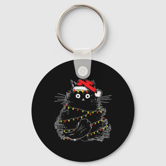 Porte-clés Père Noël Chat Noir Tangé Dans La Lumière De L'Arb (Recto)