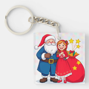Porte-clés Père Noël et fille avec un sac de cadeaux