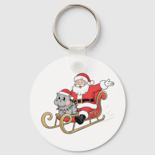 Porte-clés Père Noël Riding Sleigh avec Moo Deng Baby Hippo (Recto)