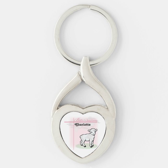 Porte-clés Personnalisable, Baptême, Rose, Fille, Agneau (Devant)