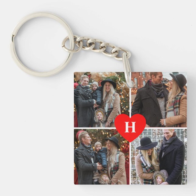 Porte-clés Personnalisé 4 Photo Coeur Rouge Amour Monogrammé (Devant)
