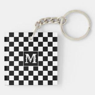Porte-clés personnalisé avec initiale, damier noir