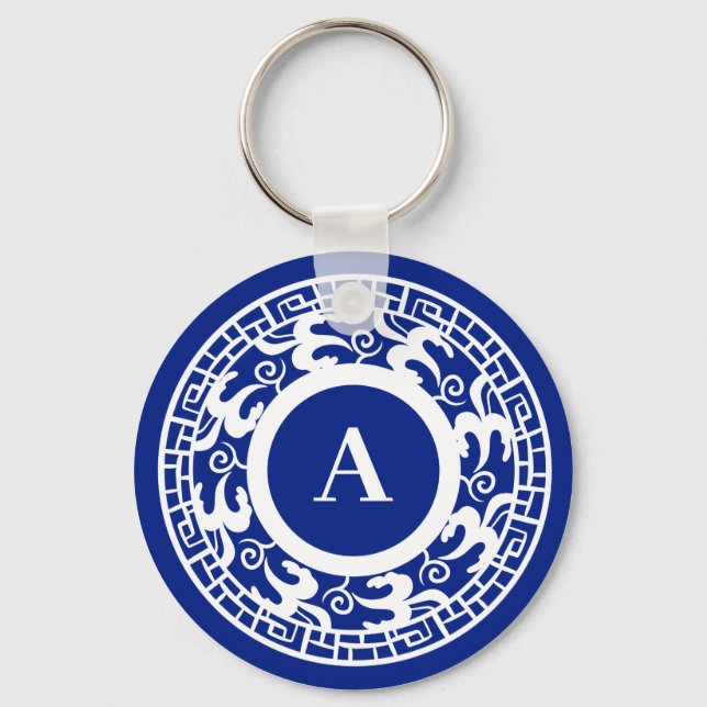 Porte-clés Personnalisé Blanc Bleu Chinoiserie Chic Monogramm (Recto)