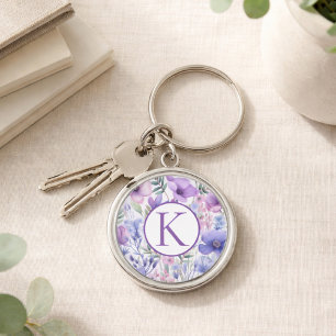 Porte-clés Personnalisé Monogramme Floral Élégant Violet