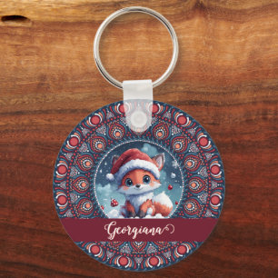 Porte-clés Personnalisé Noël mignon Kawaii Fox Dot Mandala