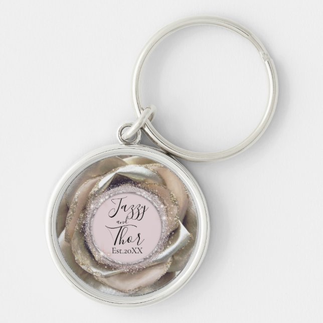 Porte-clés Pétales Roses en argent Glittery Personnalisé (Devant)
