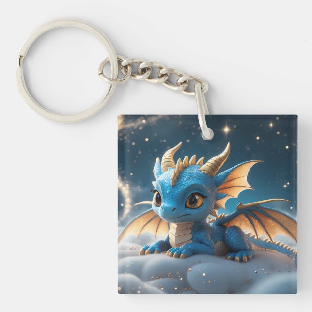 Porte-clés Petit dino bleu sur un nuage (Devant)