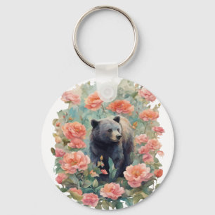 Porte-clés Petit ours noir d'Alabama entouré de camélia
