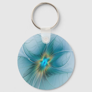 Porte-clés Petite Beauté Moderne Bleu Or Fractal Art Flower