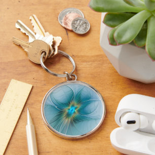 Porte-clés Petite Beauté Moderne Bleu Or Fractal Art Flower