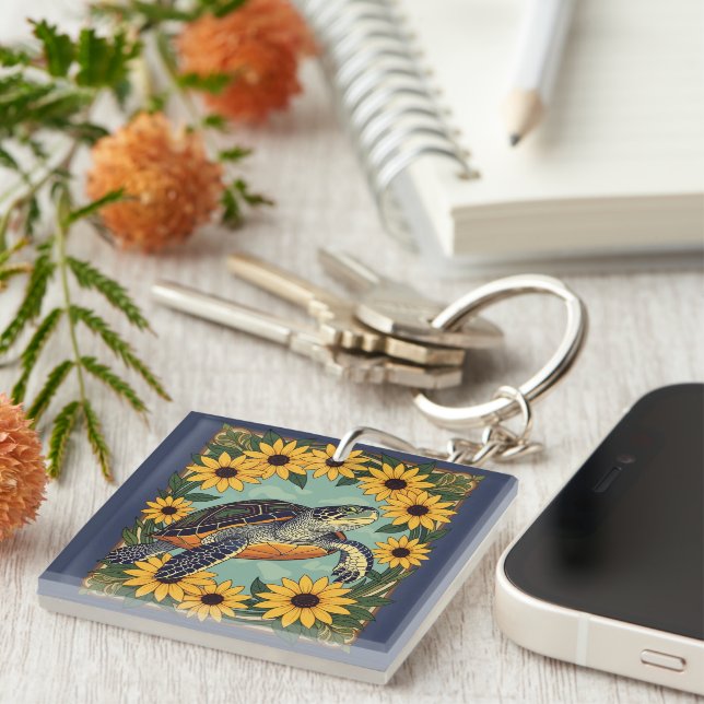 Porte-clés Petite Tortue Et Fleurs Faisées Noires (Devant Droit)
