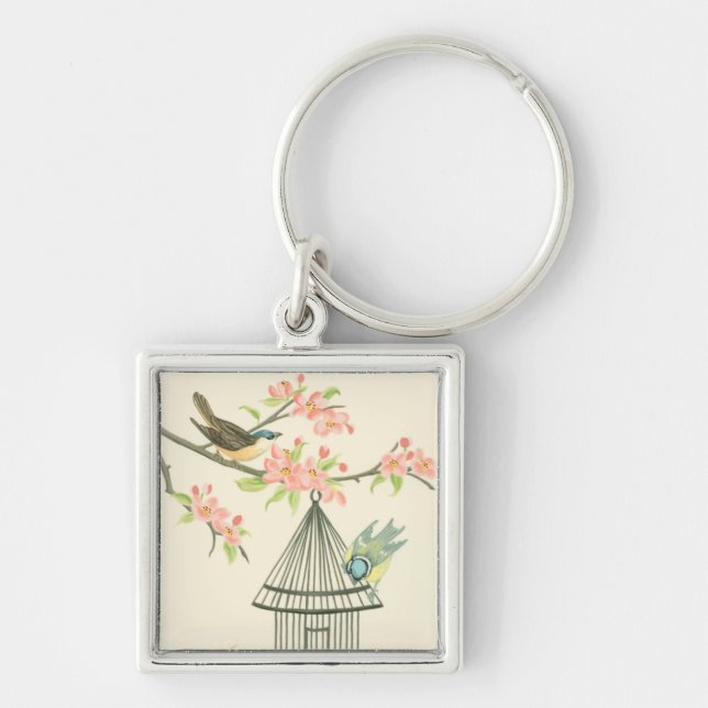 Porte-clés Petits oiseaux perchés sur une branche et sur une  (Devant)