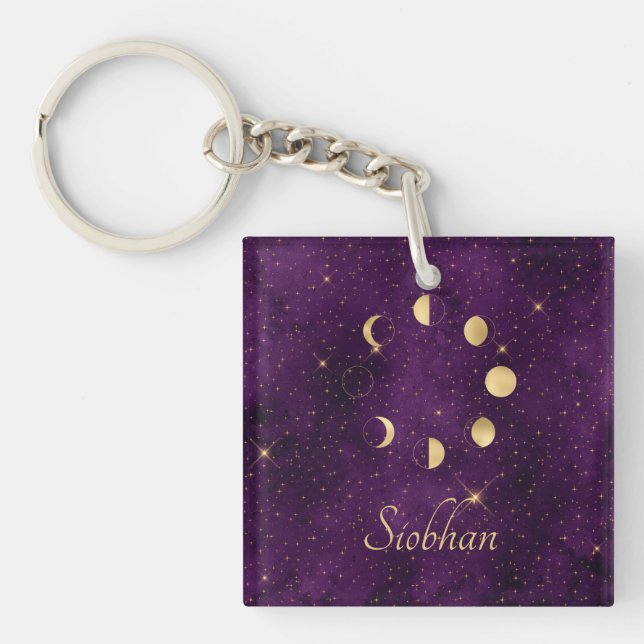 Porte-clés Phases de la lune d'or Étoiles violettes Personnal (Devant)