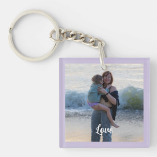 Porte-clés Photo à bordure violette personnalisée avec texte