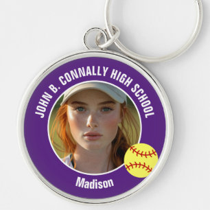 Porte-clés Photo de joueuse de softball violet Cadeau de lycé