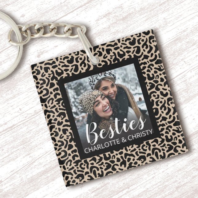 Porte-clés Photo des meilleurs amis (A cute Leopard pattern Besties keychain. Personalize it with your photo and names)