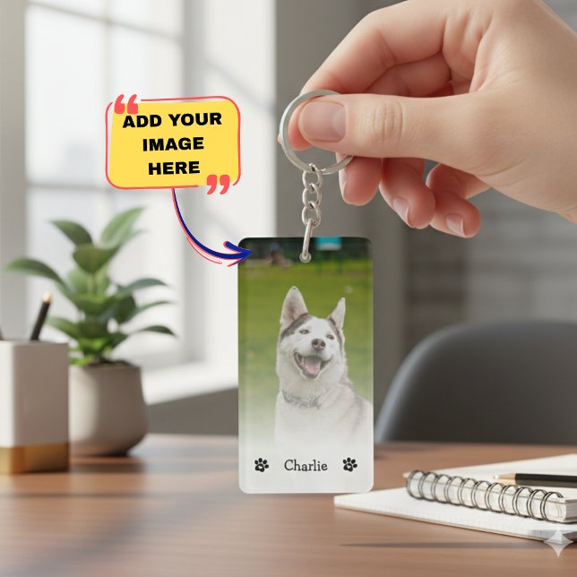 Porte-clés photo élégant et chic pour deux animaux (Simple Elegant Chic Double Pet Photo Keychain in Black and White)