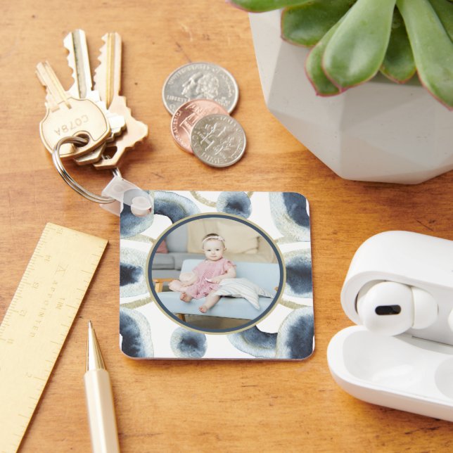 Porte-clés Photo personnalisée Motif d'aquarelle bleu (Bureau)