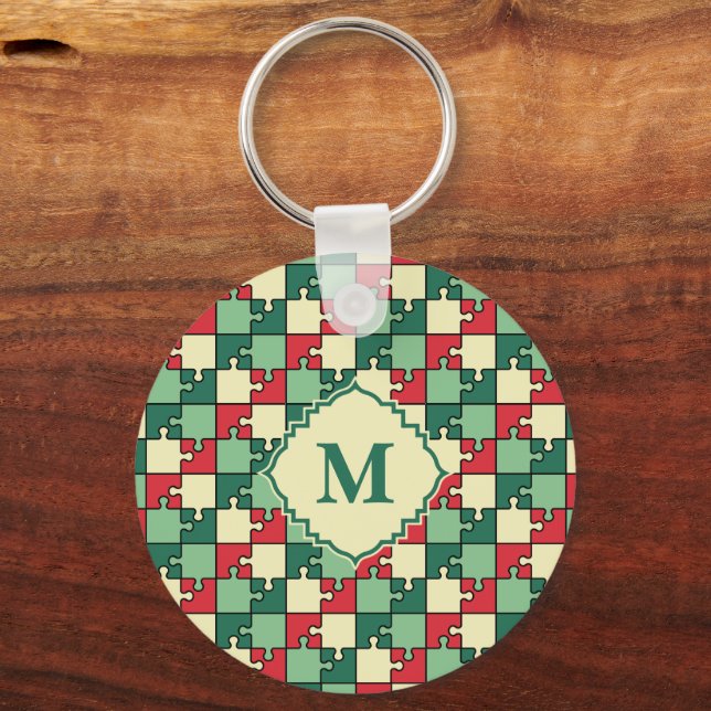 Porte-clés Pièce de puzzle rouge vert Noël Monogramme (Recto)