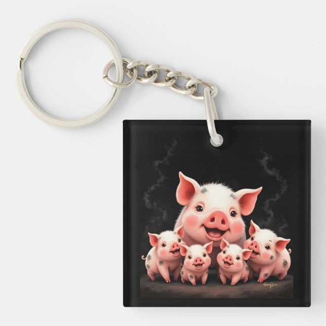 Porte-clés Pig Artwork – Mother Pig & Piglets (Devant)