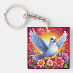 Porte-clés 🕊️ Pigeon Blanc Dessin Floral Nature Style Calme