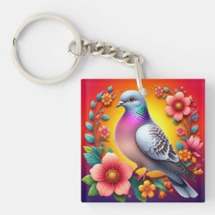 Porte-clés 🕊️ Pigeon Coloré Dessin Floral de la Nature