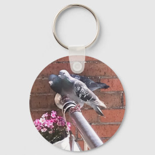 Porte-clés Pigeon Pair and Pink Flowers