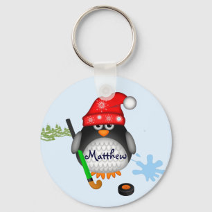 Porte-clés Pingouin de hockey mignon avec nom casquette et pe