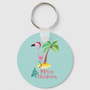 Porte-clés Pink Flamingo In A Santa Hat By A Palm Tree Xmas