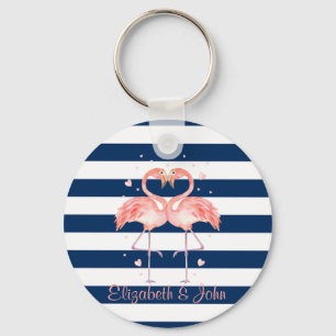 Porte-clés Pink Flamingos In Love,Navy Blue Stripes