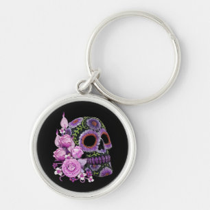 Porte-clés Pink Floral Black Sugar Skull Day Of The Dead