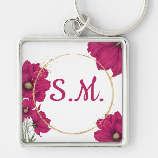 Porte-clés Pink Floral Gold Circle Keychain