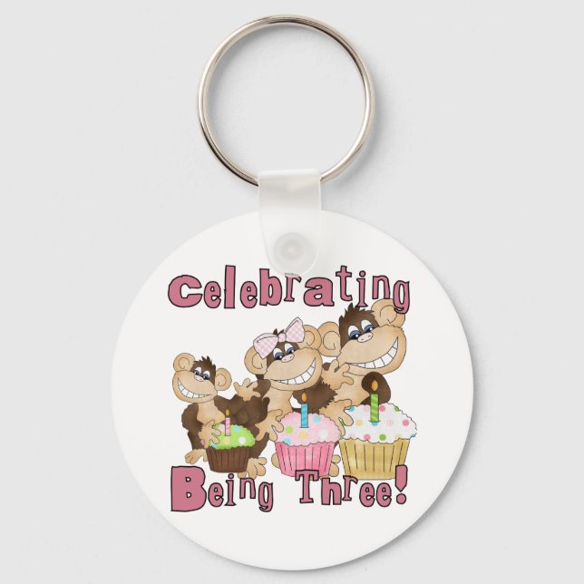 Porte-clés Pink Party Monkey 3e Anniversaire Tshirts et cadea (Recto)