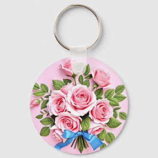 Porte-clés Pink Roses Bouquet Ribbon Illustration