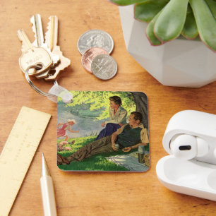 Porte-clés Pique-nique familial vintage amusant sous un arbre