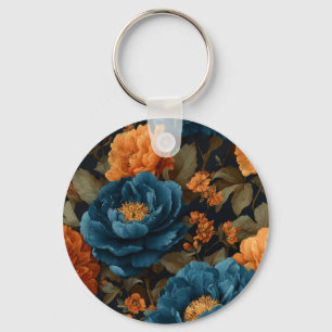 Porte-clés Pivoines Bleu Profond et Orange Doré
