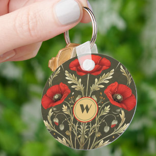 Porte-clés Pivoines dorées rouges vintage Monogramme Art Nouv