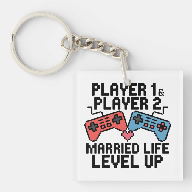 Porte-clés Pixel Gaming Couple Level Up Design (Devant)